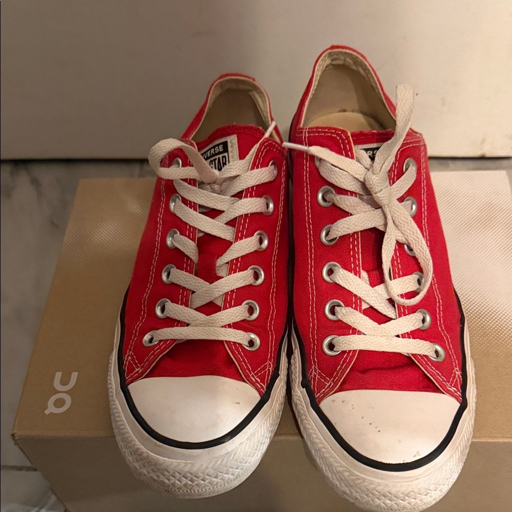 Converse women’s Red Low-Top Canvas Sneakers with White Laces
